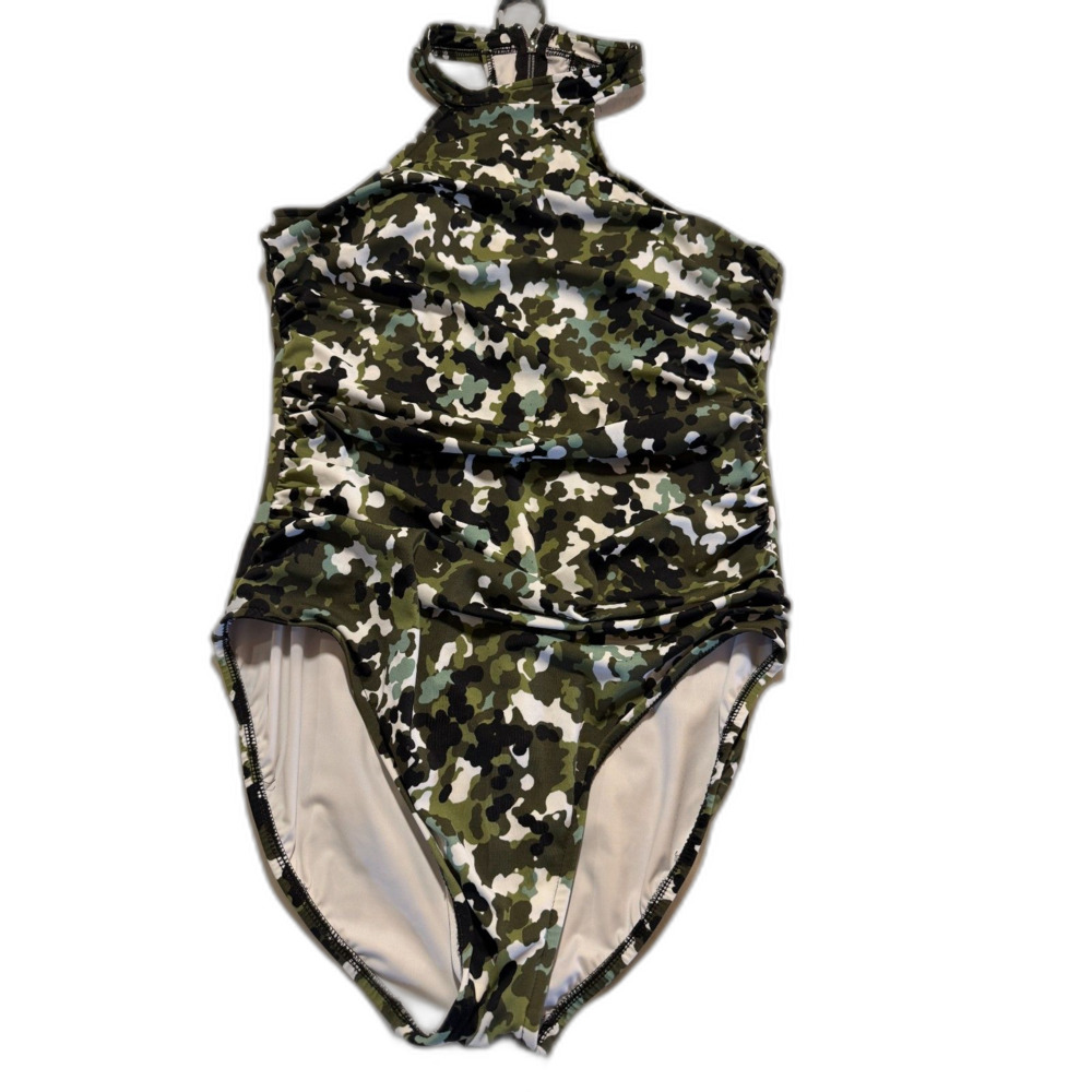 Magicsuit by Miraclesuit Swimsuit Hi Neck Camouflage Camo Lined Back Zip 12